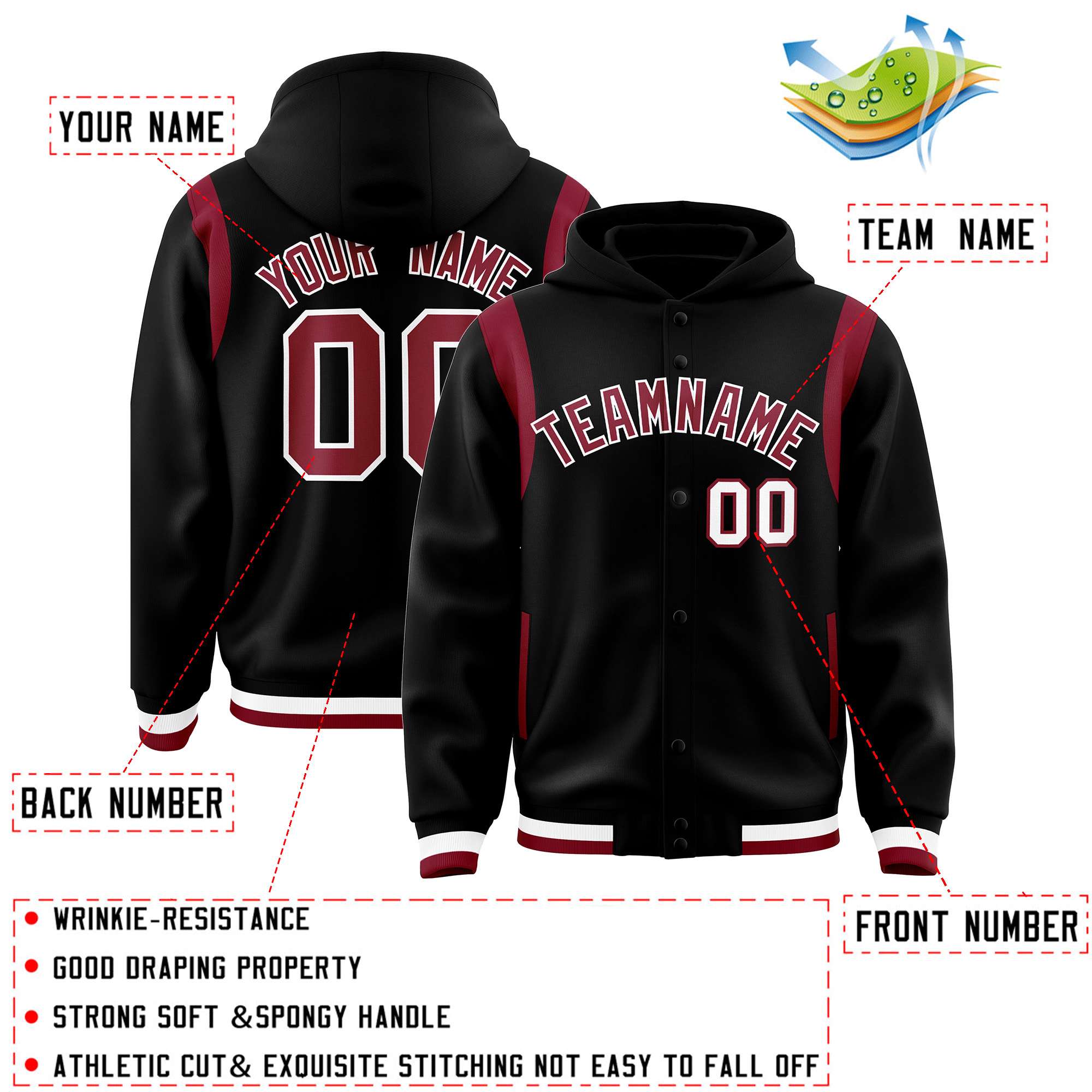 Custom Black Crimson Varsity Full-Snap Letterman Shoulder Color Block Hoodie Jacket