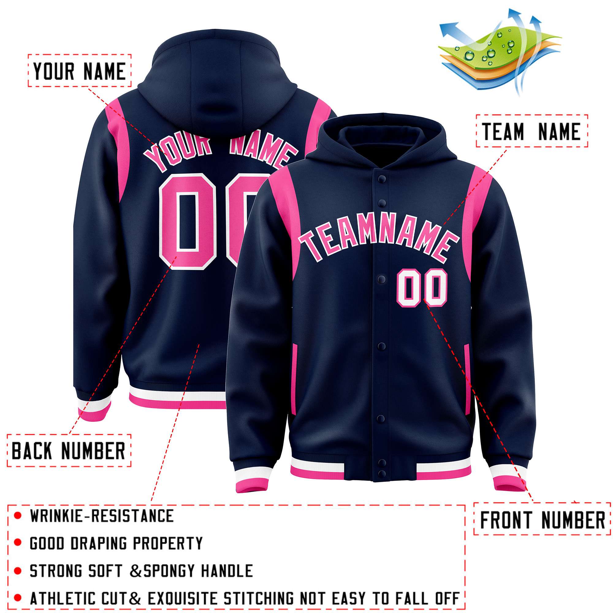 Custom Navy Pink Varsity Full-Snap Letterman Shoulder Color Block Hoodie Jacket