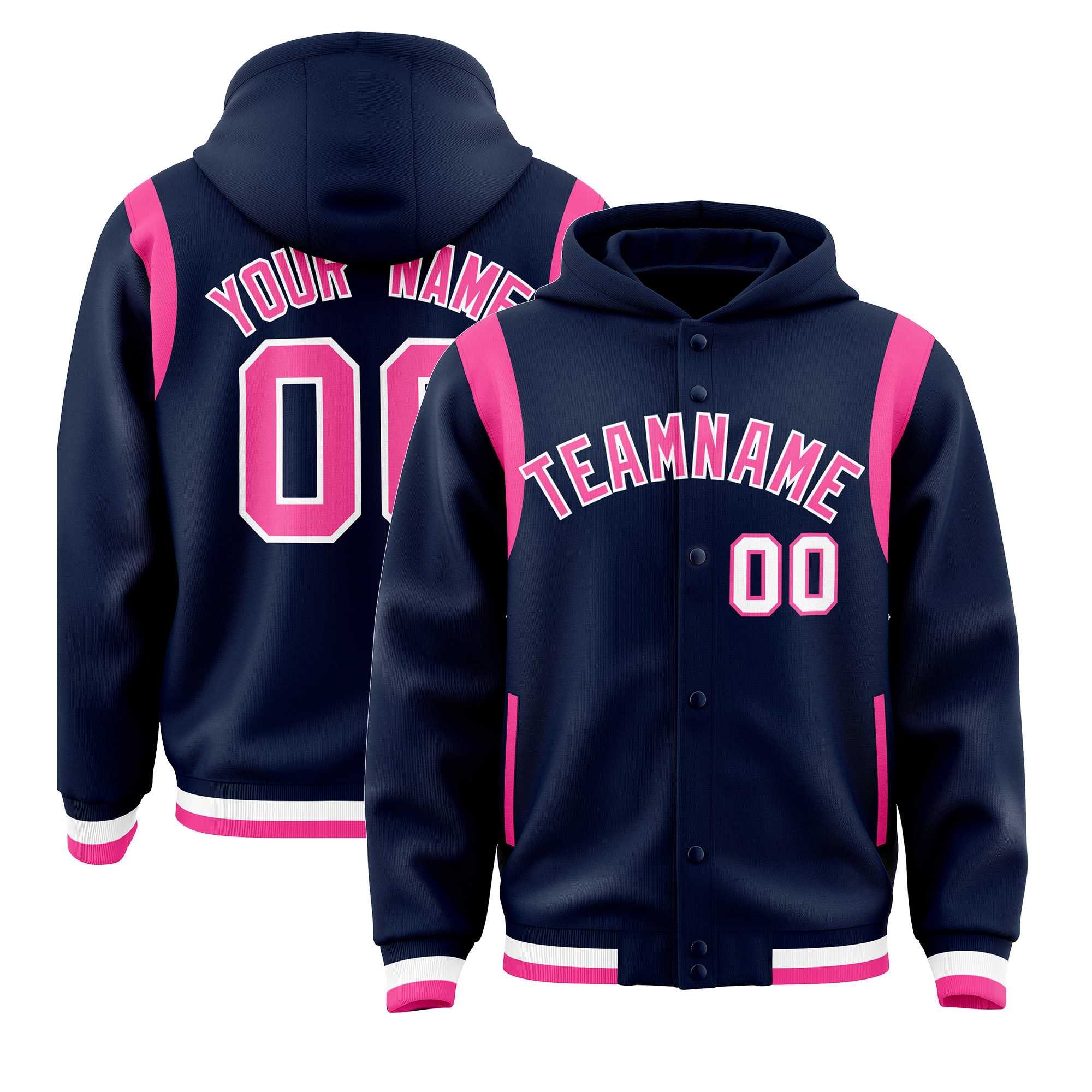 Custom Navy Pink Varsity Full-Snap Letterman Shoulder Color Block Hoodie Jacket