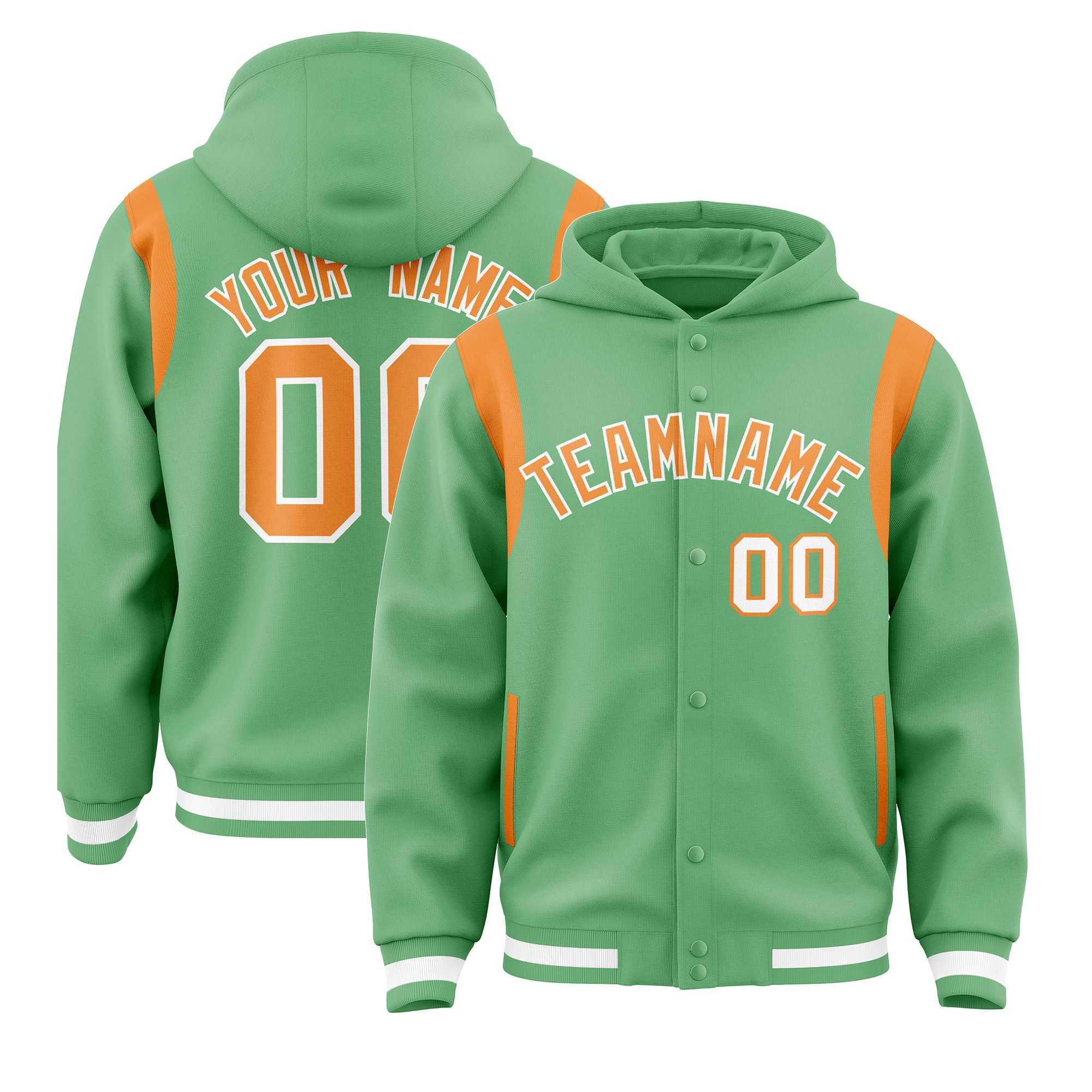 Custom Light Green Orange Varsity Full-Snap Letterman Shoulder Color Block Hoodie Jacket