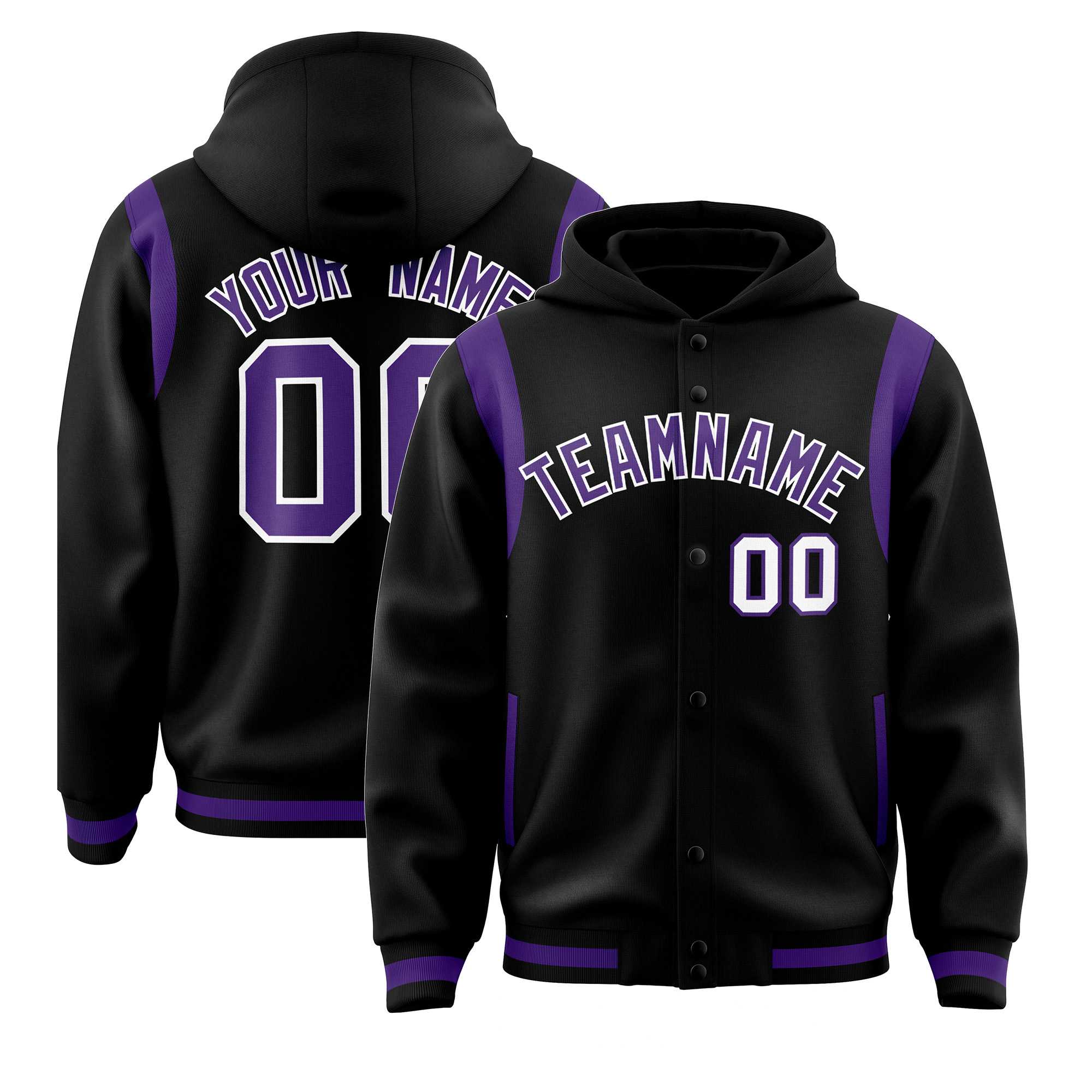 Custom Black Purple Varsity Full-Snap Letterman Shoulder Color Block Hoodie Jacket