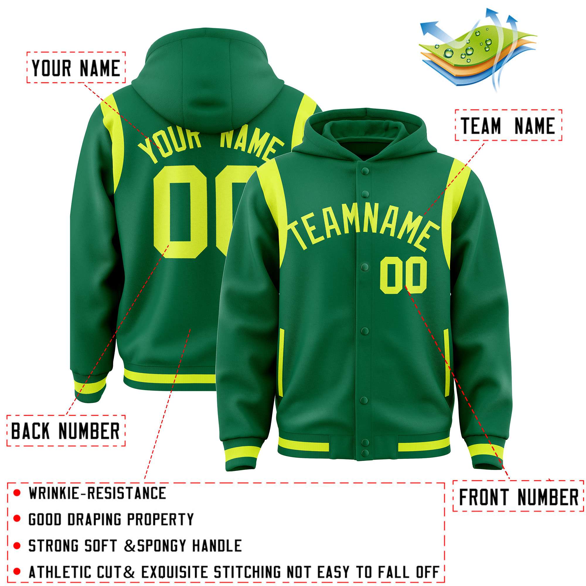 Custom Kelly Green Fluorescent Green Varsity Full-Snap Letterman Shoulder Color Block Hoodie Jacket