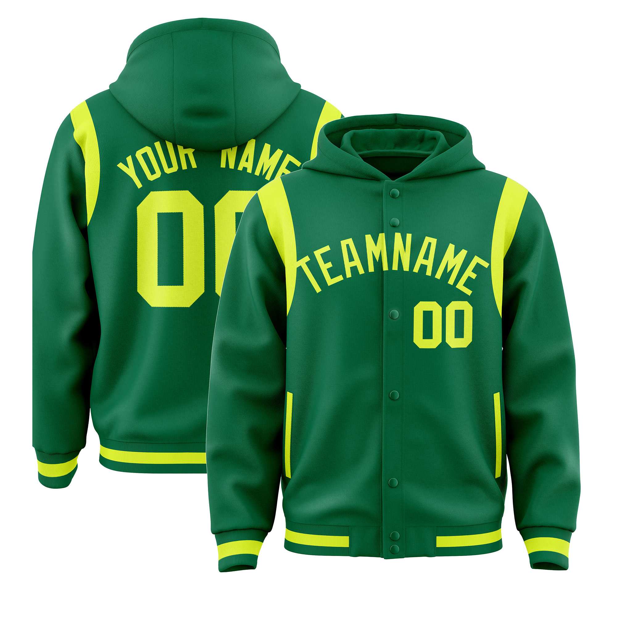 Custom Kelly Green Fluorescent Green Varsity Full-Snap Letterman Shoulder Color Block Hoodie Jacket