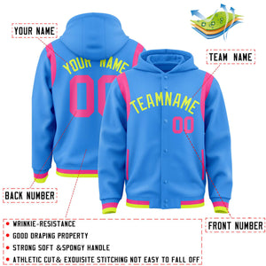 Custom Powder Blue Fluorescent Green Varsity Full-Snap Letterman Shoulder Color Block Hoodie Jacket