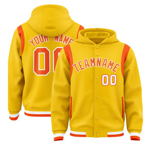 Custom Gold Orange Varsity Full-Snap Letterman Shoulder Color Block Hoodie Jacket