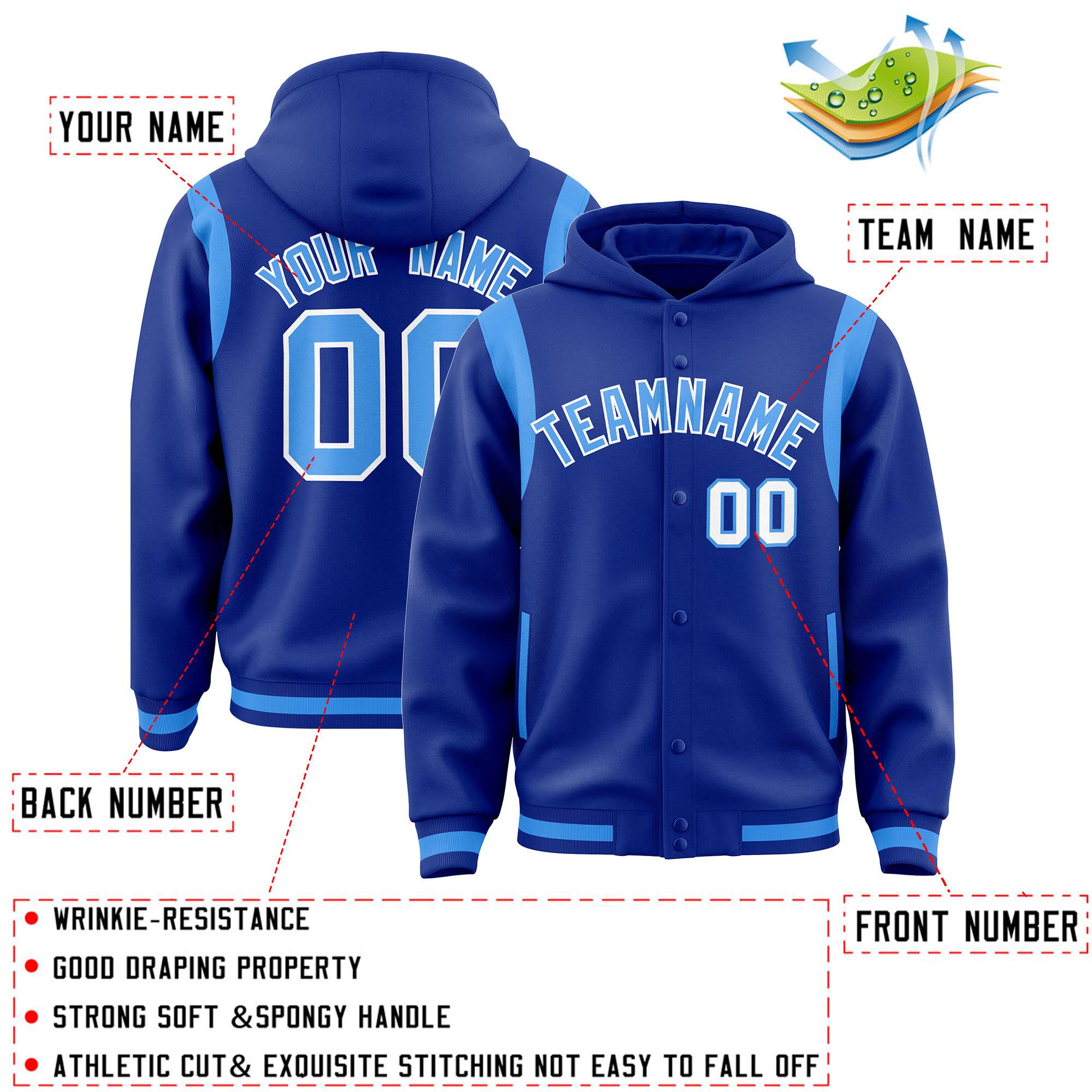 Custom Royal Powder Blue Varsity Full-Snap Letterman Shoulder Color Block Hoodie Jacket