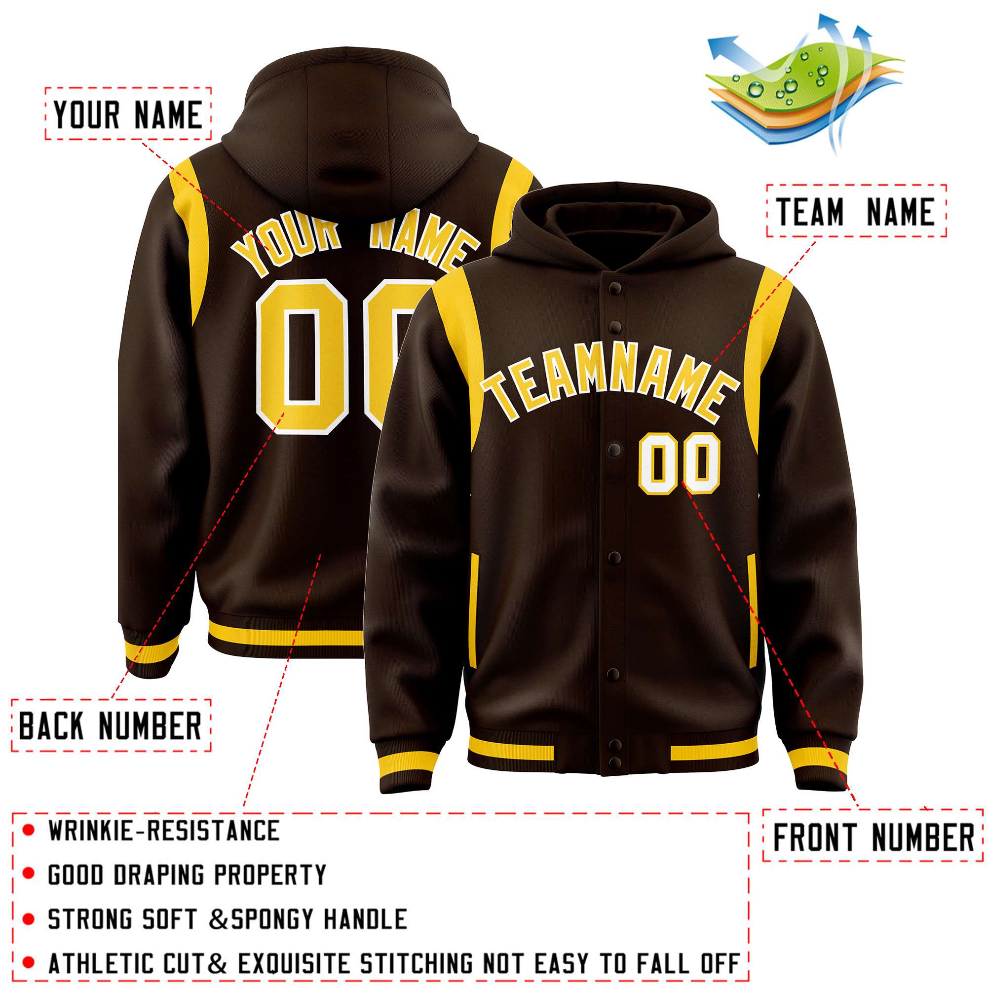 Custom Brown Gold Varsity Full-Snap Letterman Shoulder Color Block Hoodie Jacket