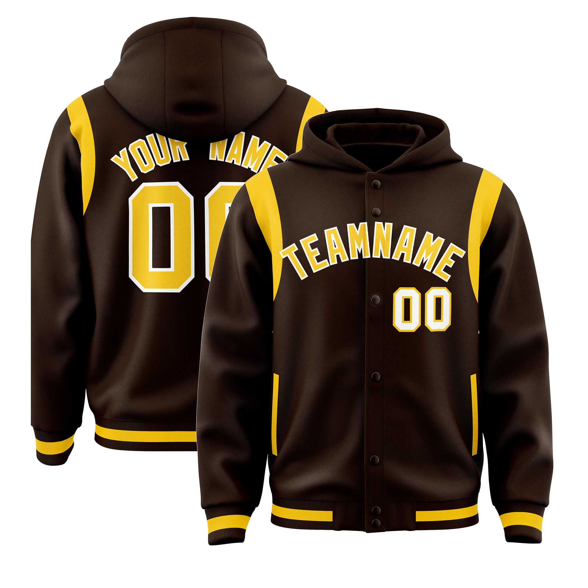 Custom Brown Gold Varsity Full-Snap Letterman Shoulder Color Block Hoodie Jacket