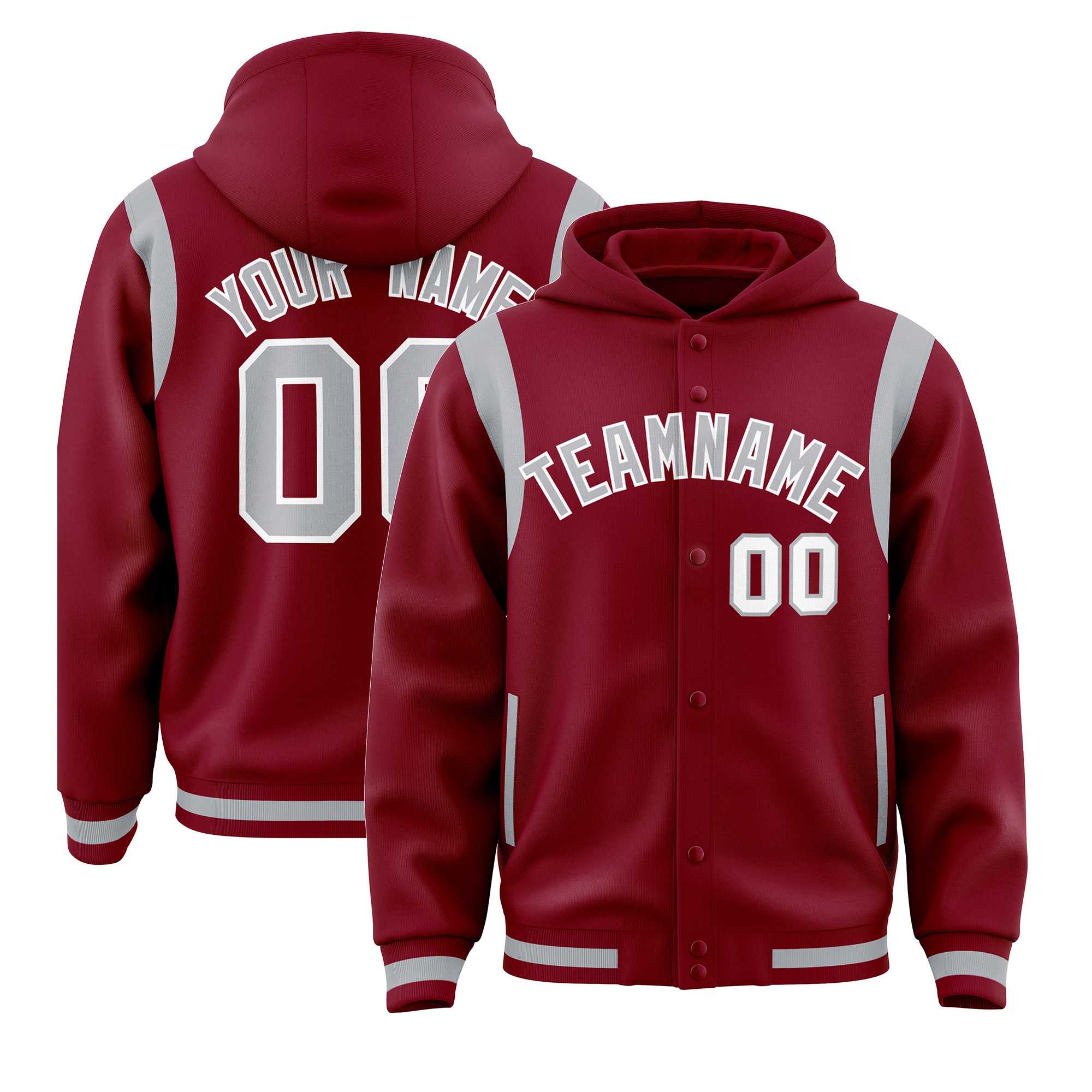 Custom Crimson Silver Varsity Full-Snap Letterman Shoulder Color Block Hoodie Jacket