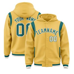 Custom Khaki Aqua Varsity Full-Snap Letterman Shoulder Color Block Hoodie Jacket