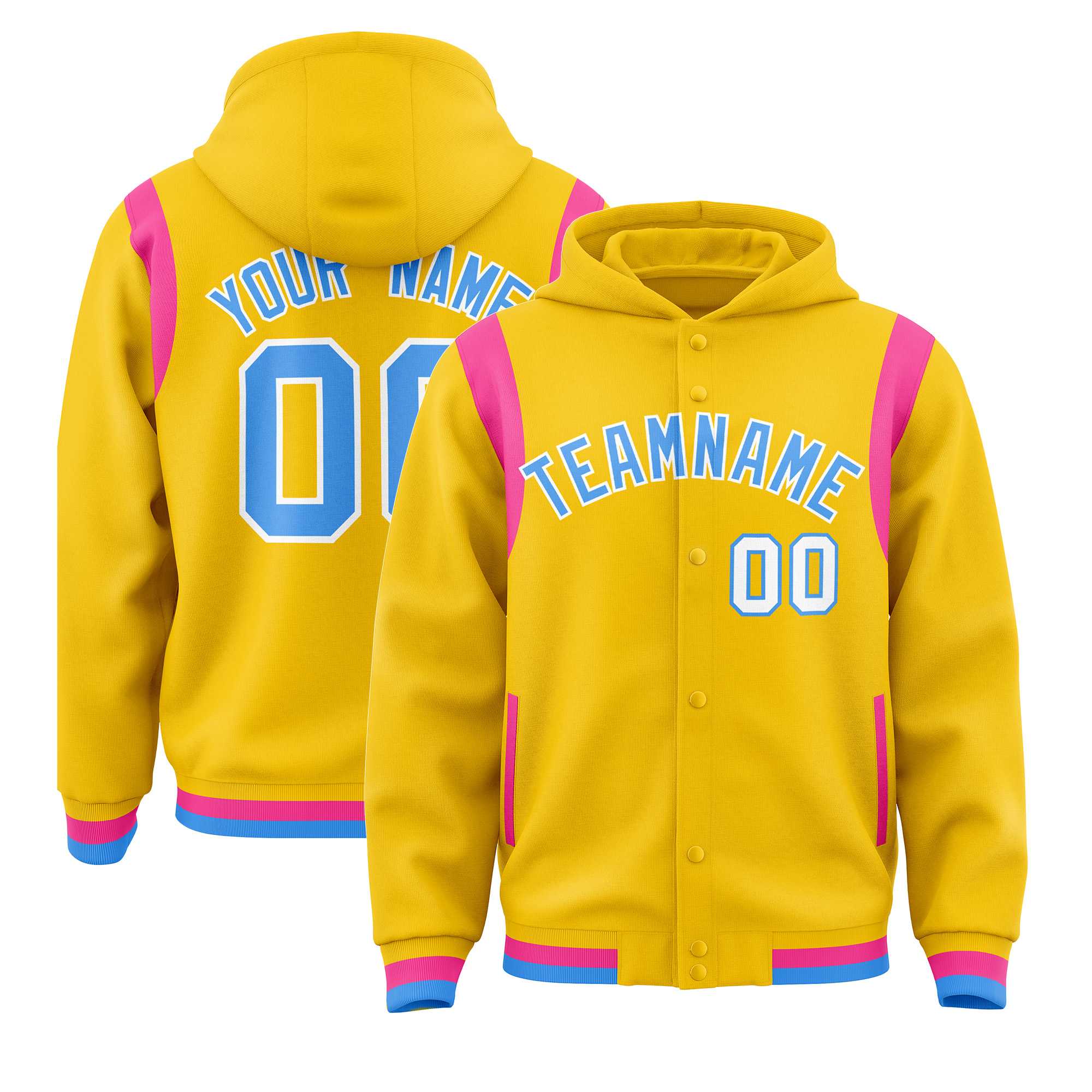 Custom Gold Powder Blue Varsity Full-Snap Letterman Shoulder Color Block Hoodie Jacket