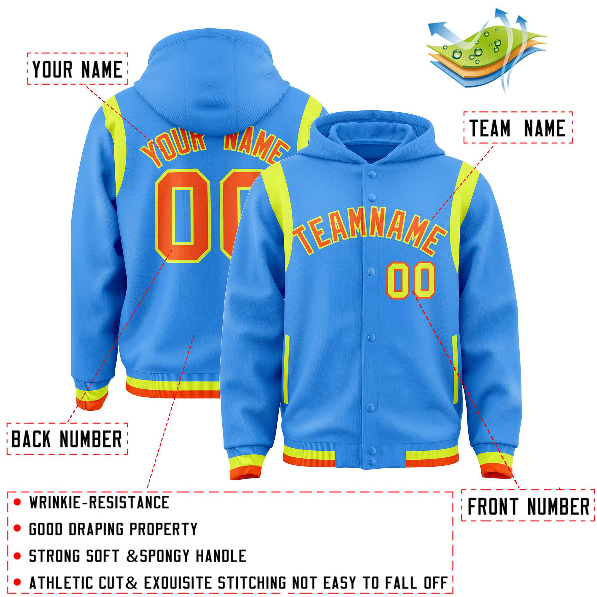 Custom Powder Blue Orange Varsity Full-Snap Letterman Shoulder Color Block Hoodie Jacket