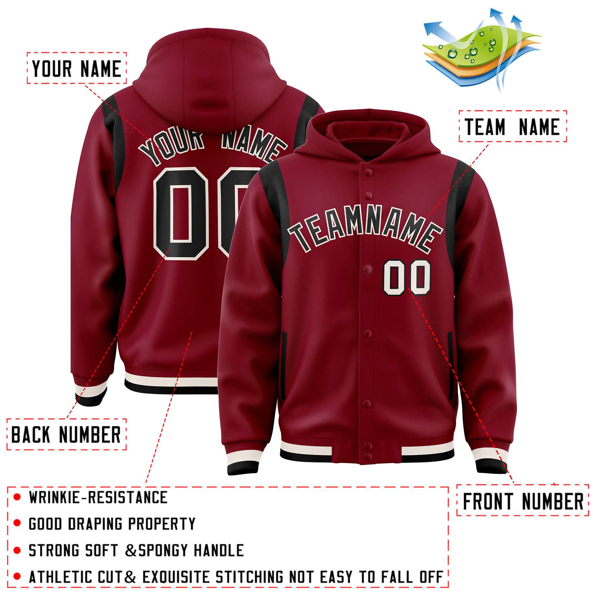 Custom Crimson Black Varsity Full-Snap Letterman Shoulder Color Block Hoodie Jacket