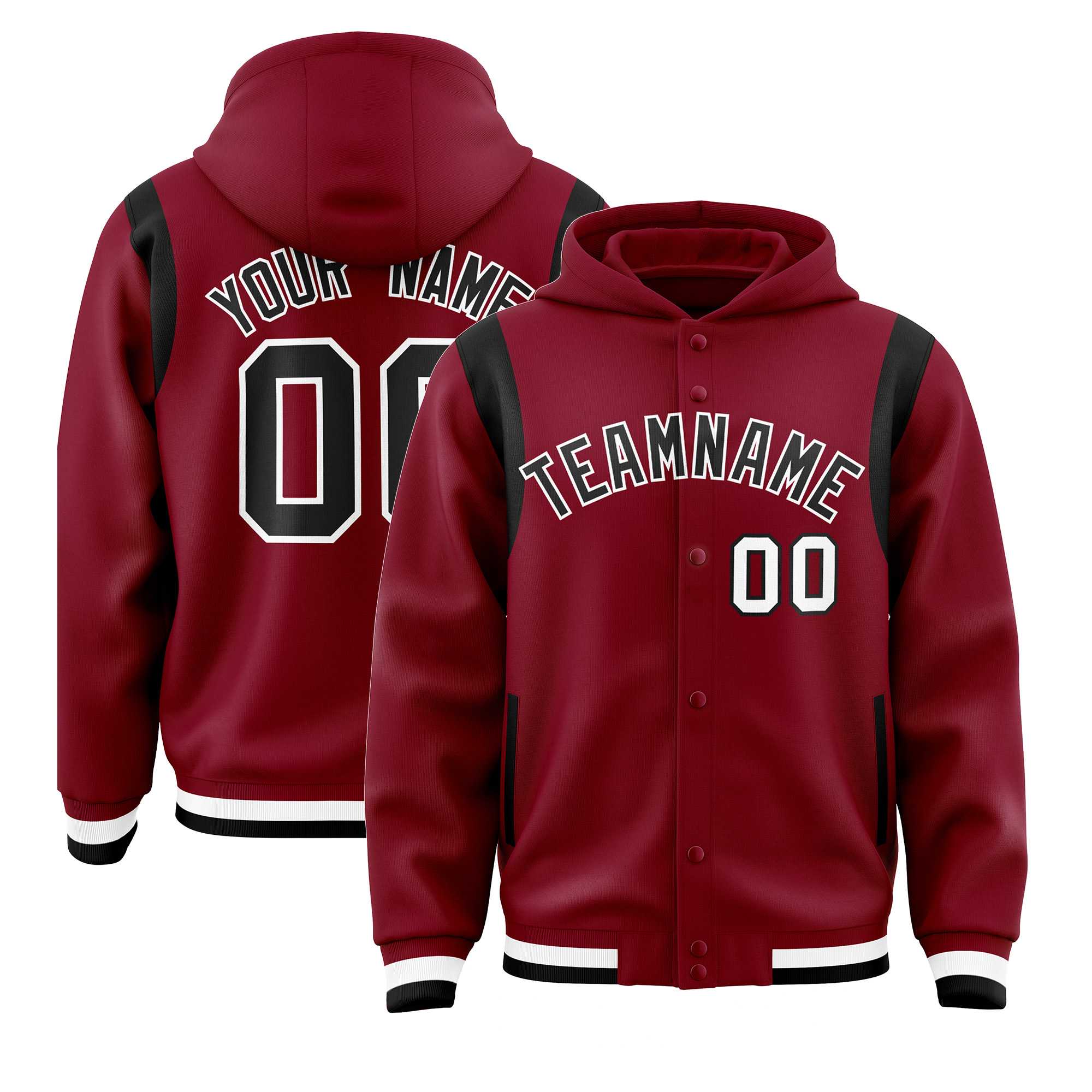 Custom Crimson Black Varsity Full-Snap Letterman Shoulder Color Block Hoodie Jacket