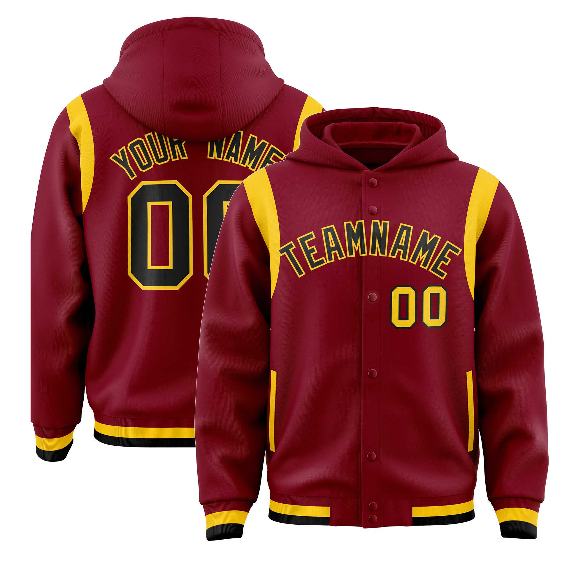 Custom Crimson Black Varsity Full-Snap Letterman Shoulder Color Block Hoodie Jacket