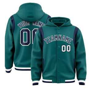 Custom Aqua Navy Varsity Full-Snap Letterman Shoulder Color Block Hoodie Jacket