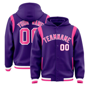 Custom Purple Pink Varsity Full-Snap Letterman Shoulder Color Block Hoodie Jacket