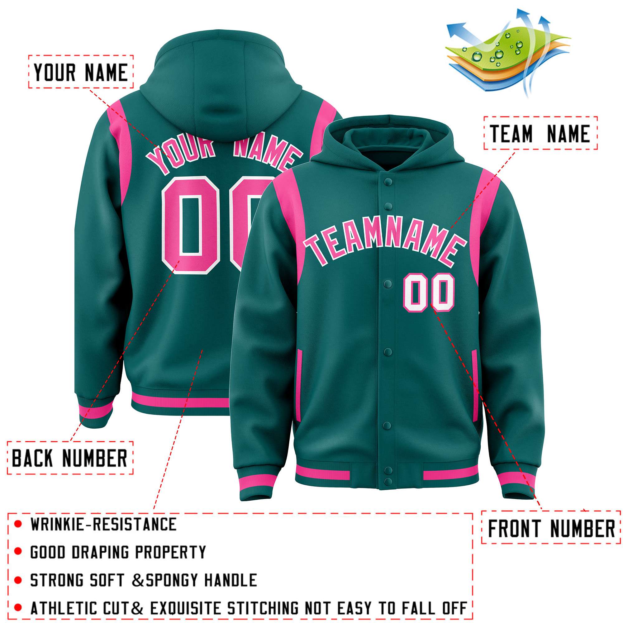 Custom Aqua Pink Varsity Full-Snap Letterman Shoulder Color Block Hoodie Jacket