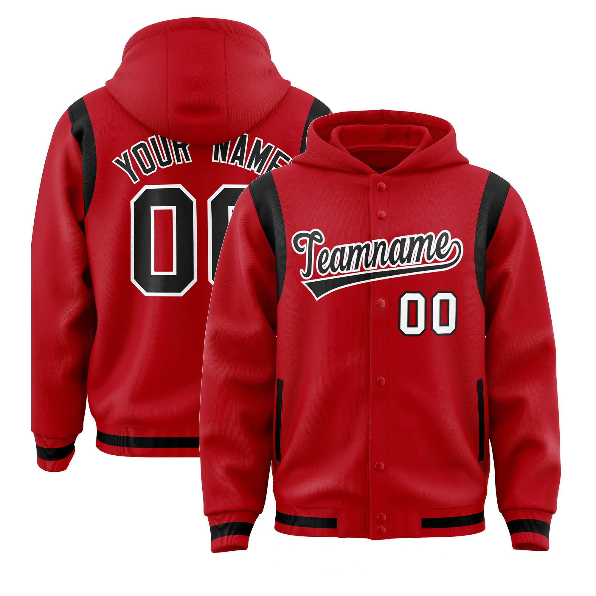 Custom Red Black Varsity Full-Snap Letterman Shoulder Color Block Hoodie Jacket