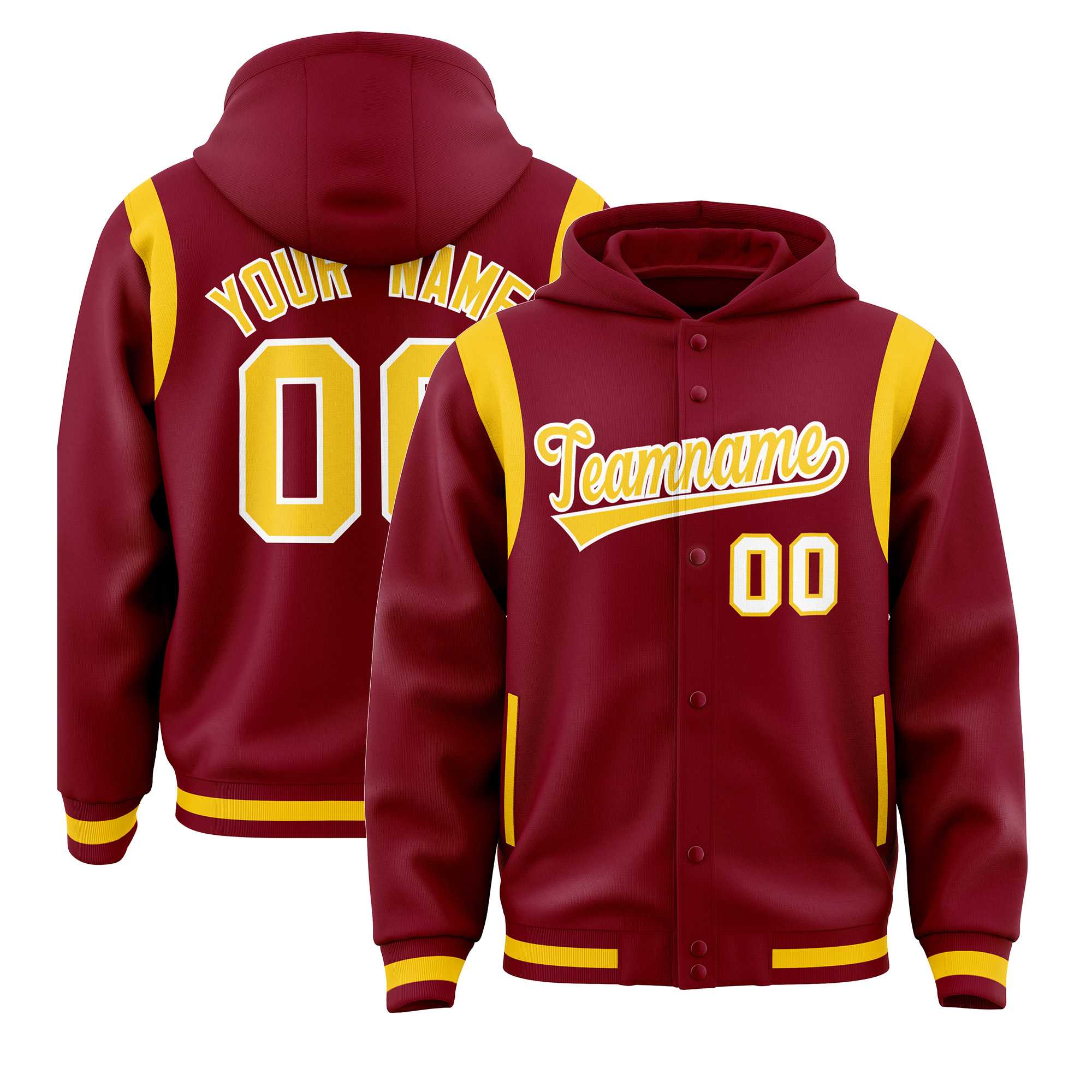 Custom Crimson Gold Varsity Full-Snap Letterman Shoulder Color Block Hoodie Jacket