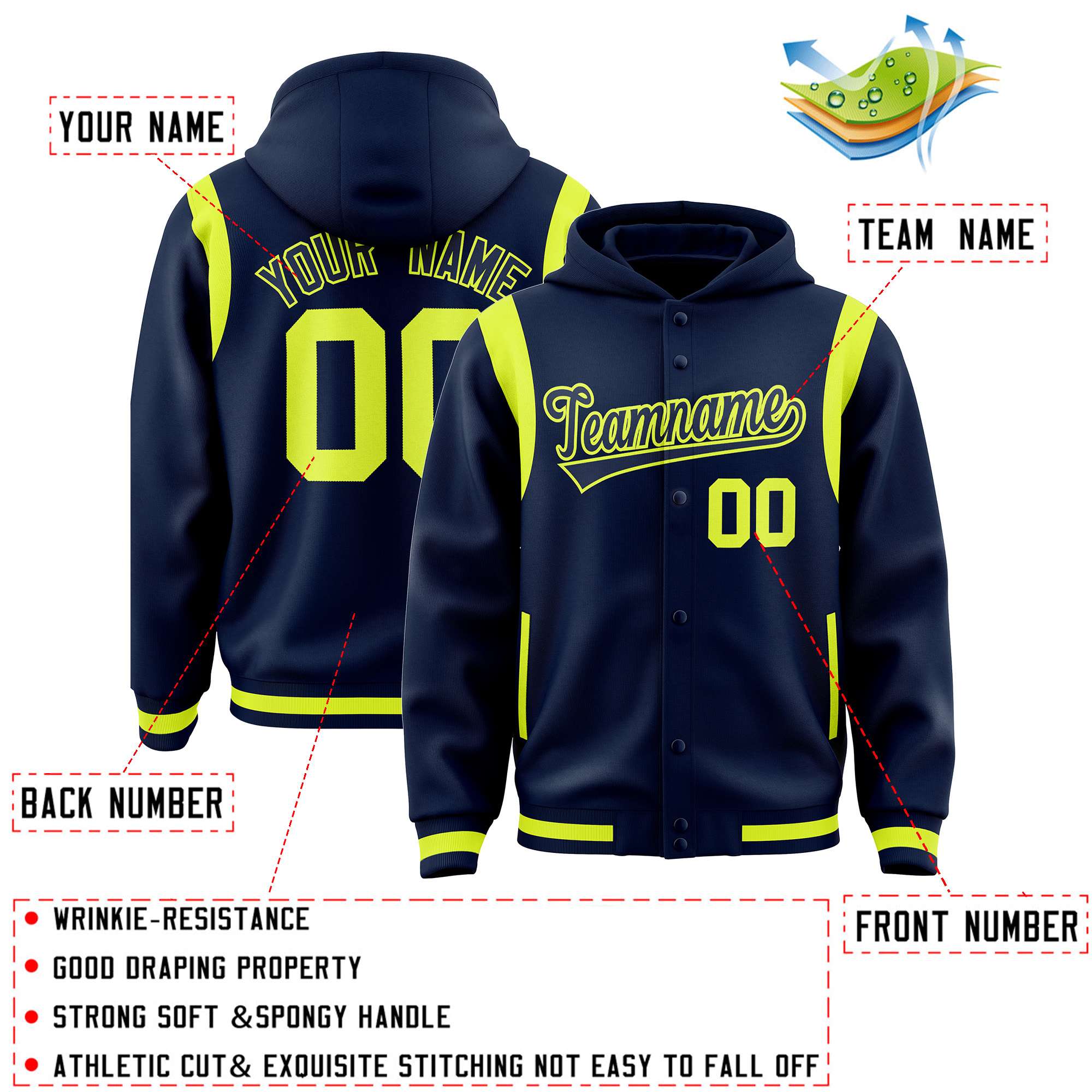 Custom Navy Navy Varsity Full-Snap Letterman Shoulder Color Block Hoodie Jacket