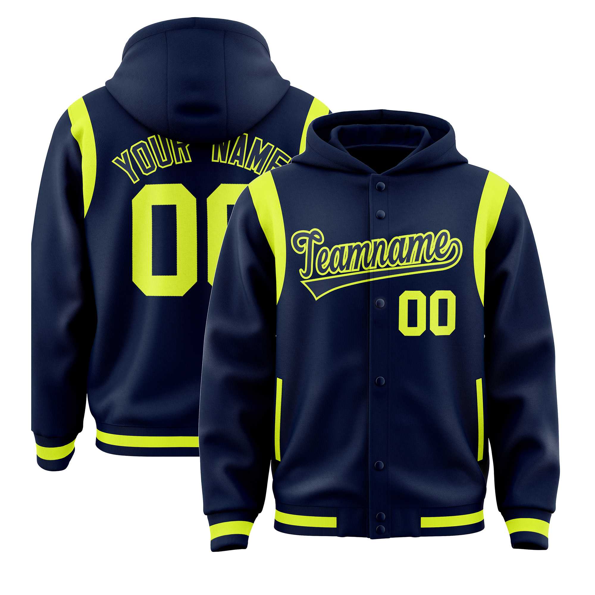 Custom Navy Navy Varsity Full-Snap Letterman Shoulder Color Block Hoodie Jacket