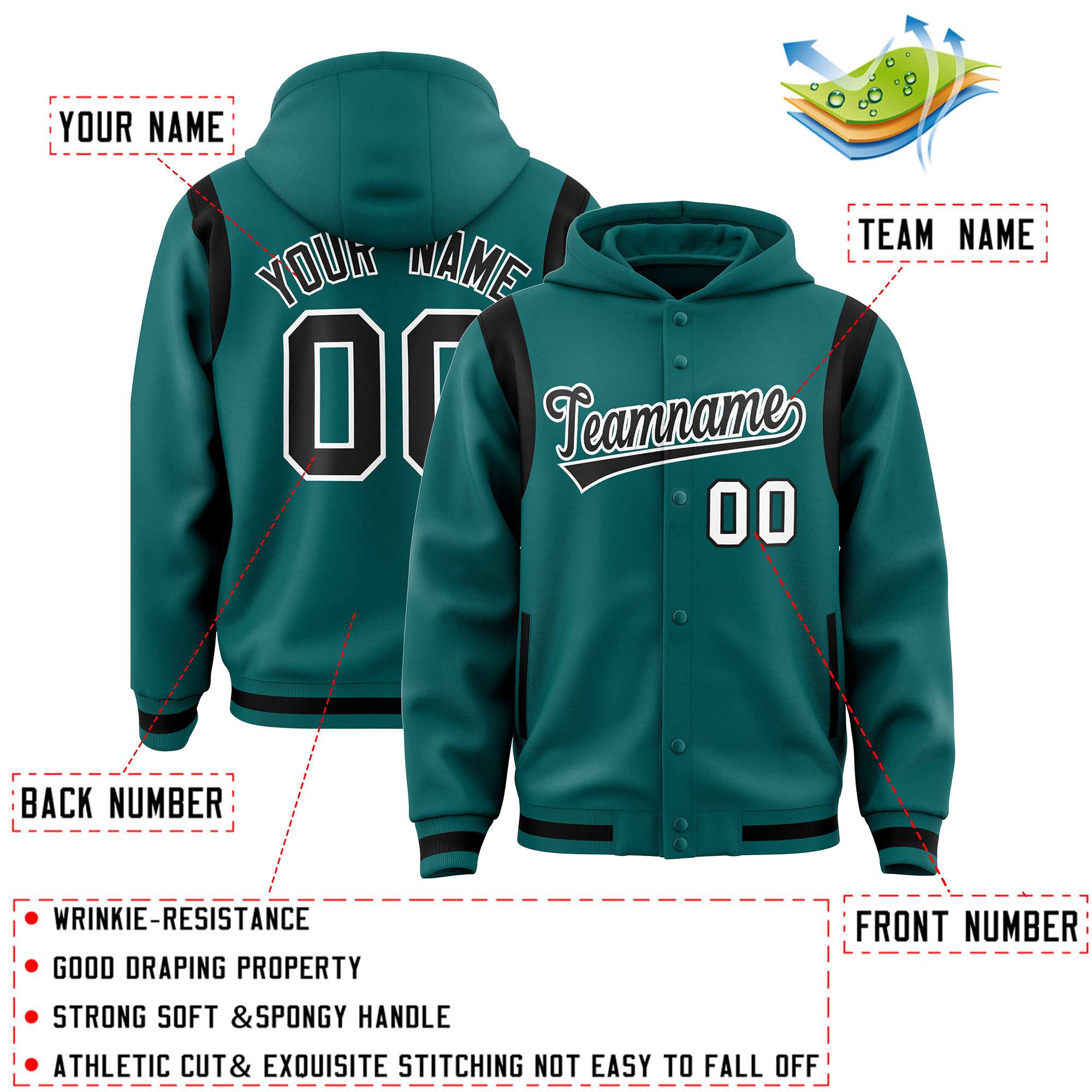 Custom Aqua Black Varsity Full-Snap Letterman Shoulder Color Block Hoodie Jacket