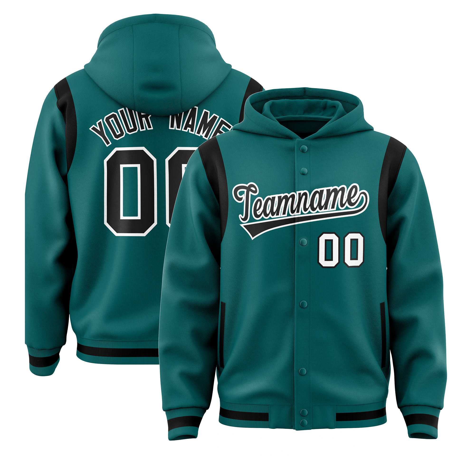 Custom Aqua Black Varsity Full-Snap Letterman Shoulder Color Block Hoodie Jacket