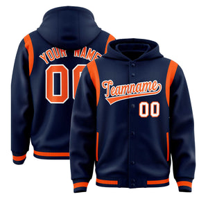 Custom Navy Orange Varsity Full-Snap Letterman Shoulder Color Block Hoodie Jacket