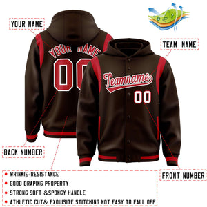 Custom Brown Red Varsity Full-Snap Letterman Shoulder Color Block Hoodie Jacket