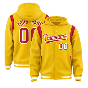 Custom Gold Red Varsity Full-Snap Letterman Shoulder Color Block Hoodie Jacket