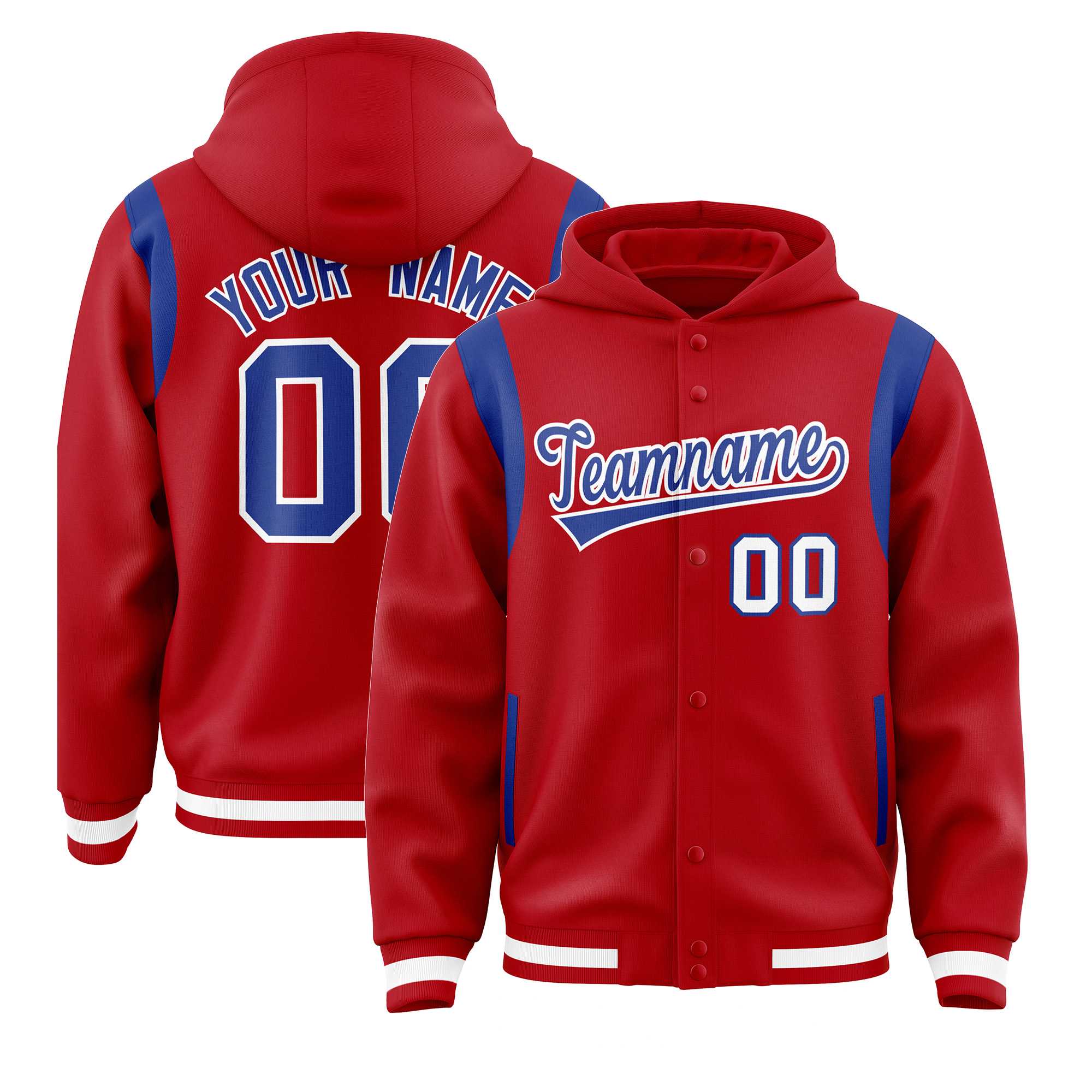 Custom Red Royal Varsity Full-Snap Letterman Shoulder Color Block Hoodie Jacket