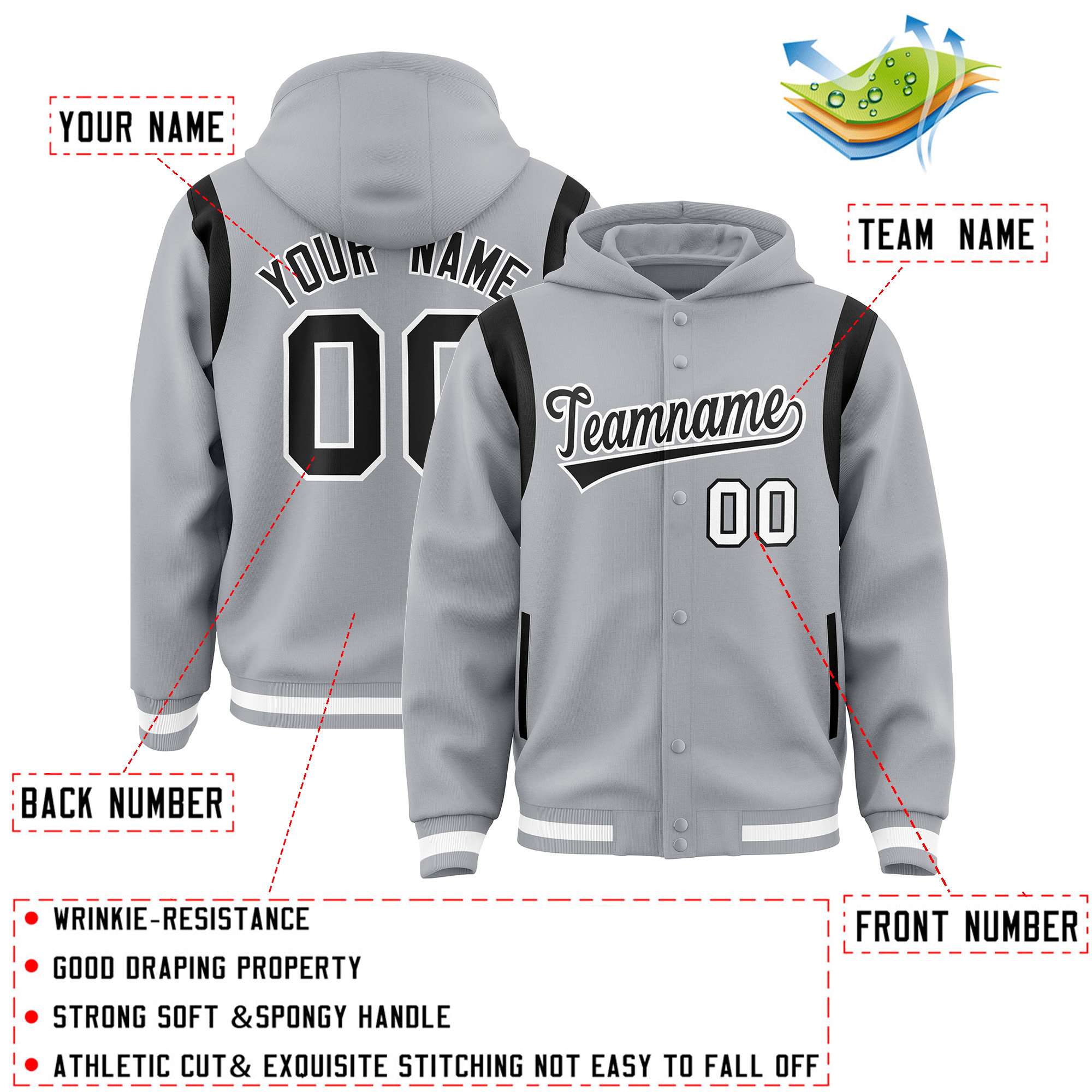 Custom Silver Black Varsity Full-Snap Letterman Shoulder Color Block Hoodie Jacket