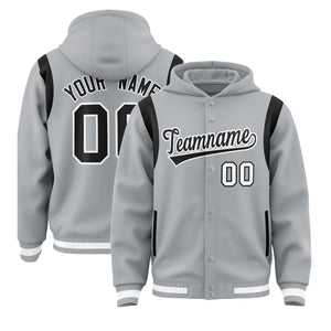 Custom Silver Black Varsity Full-Snap Letterman Shoulder Color Block Hoodie Jacket