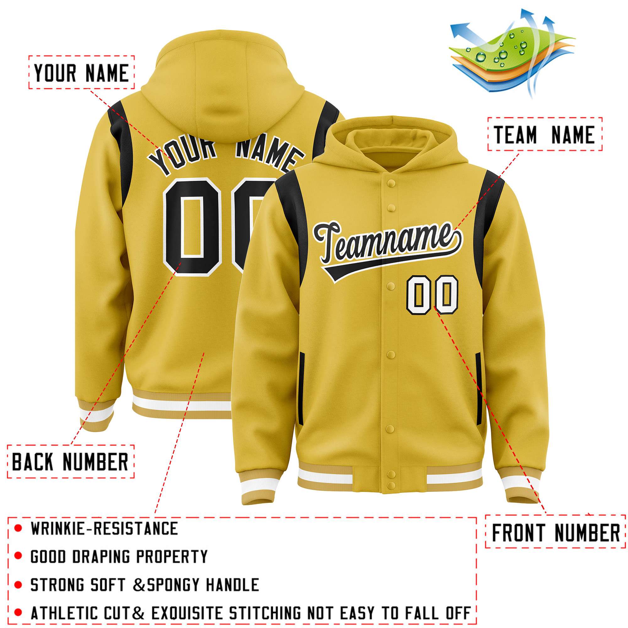 Custom Old Gold Black Varsity Full-Snap Letterman Shoulder Color Block Hoodie Jacket