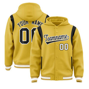 Custom Old Gold Black Varsity Full-Snap Letterman Shoulder Color Block Hoodie Jacket