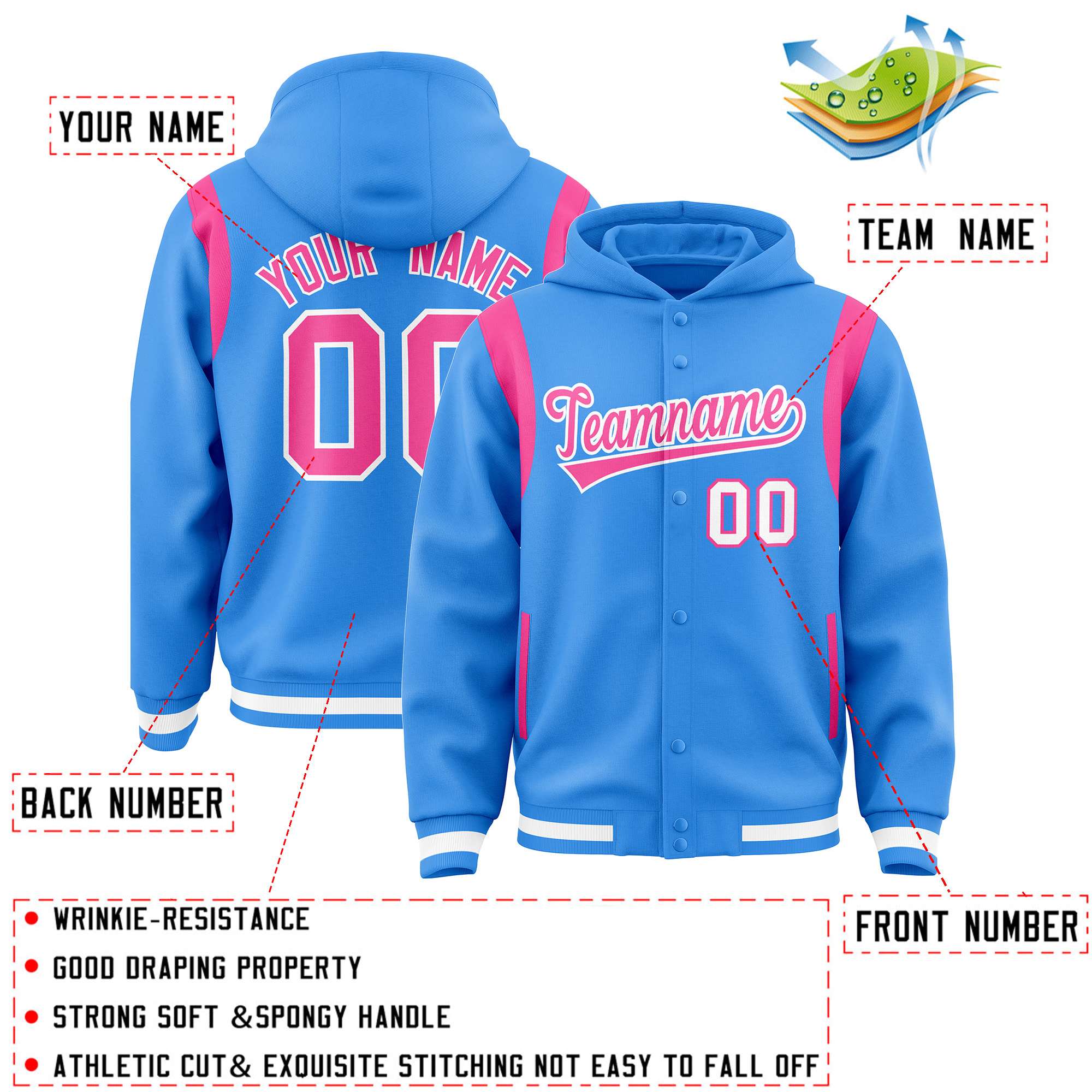 Custom Powder Blue Pink Varsity Full-Snap Letterman Shoulder Color Block Hoodie Jacket