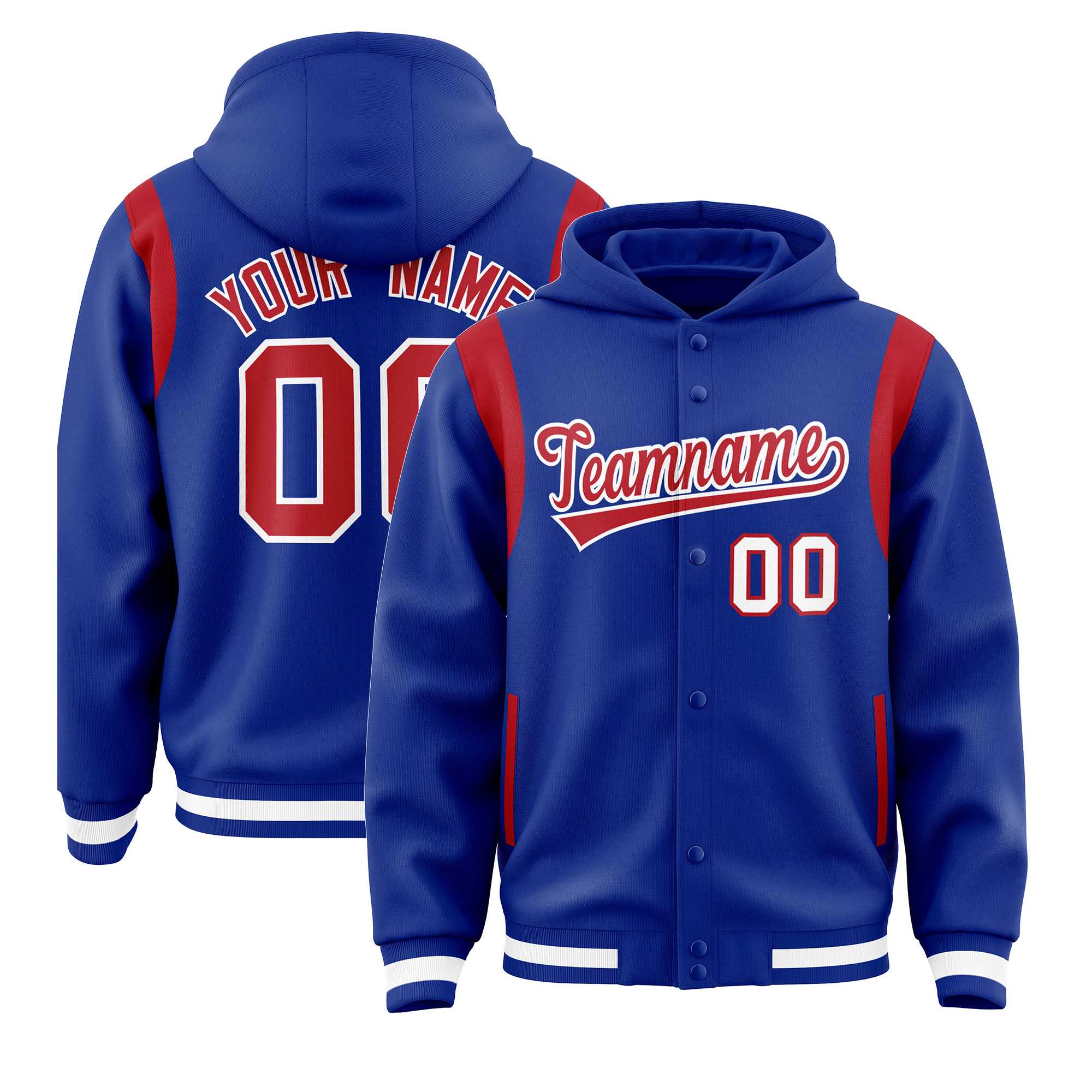 Custom Royal Red Varsity Full-Snap Letterman Shoulder Color Block Hoodie Jacket