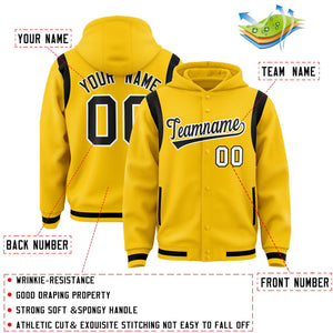 Custom Gold Black Varsity Full-Snap Letterman Shoulder Color Block Hoodie Jacket