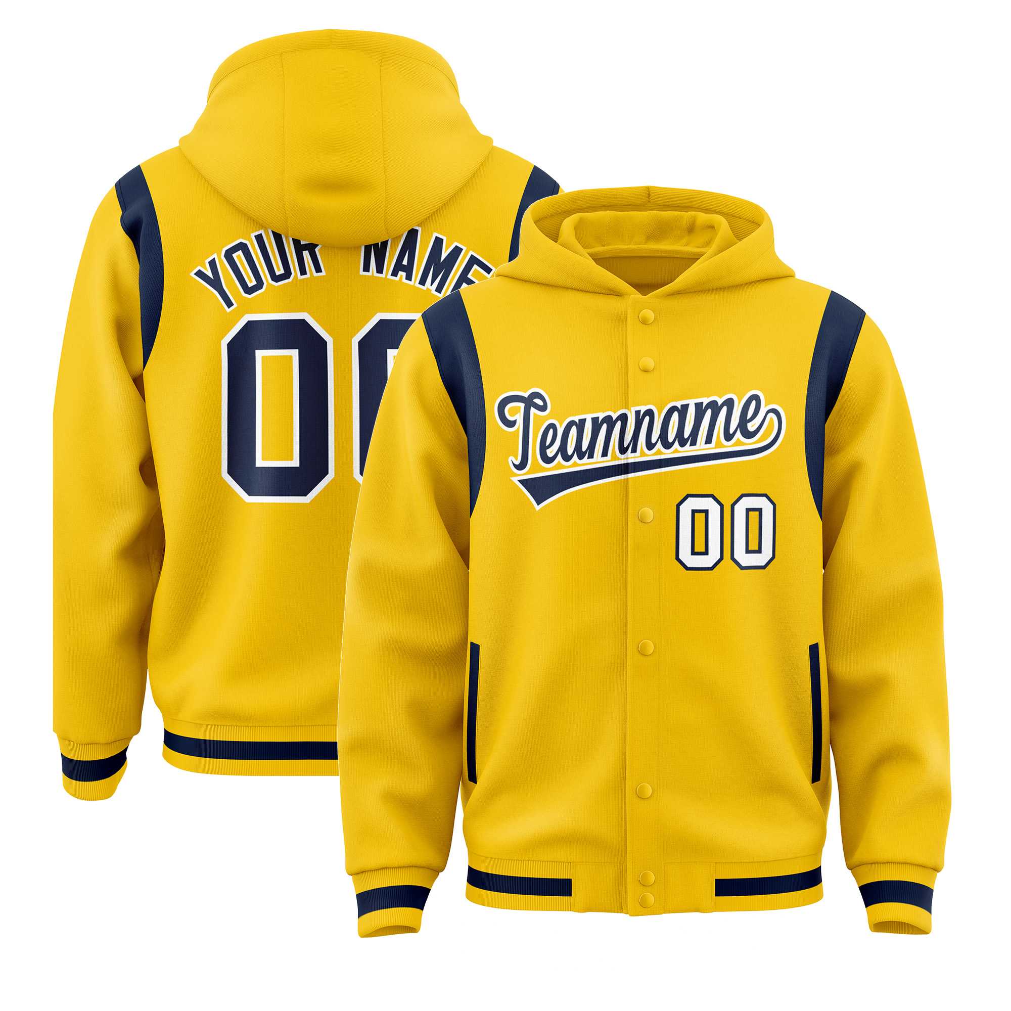 Custom Gold Navy Varsity Full-Snap Letterman Shoulder Color Block Hoodie Jacket