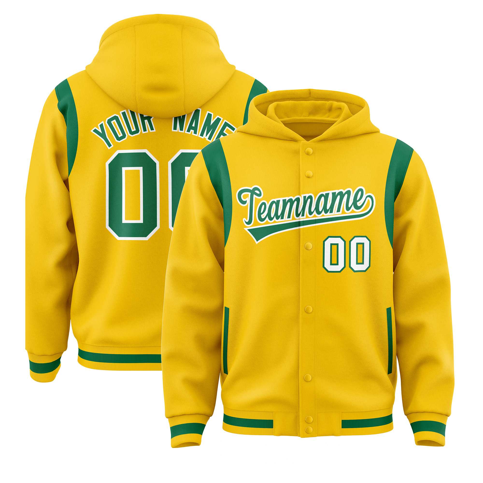 Custom Gold Kelly Green Varsity Full-Snap Letterman Shoulder Color Block Hoodie Jacket