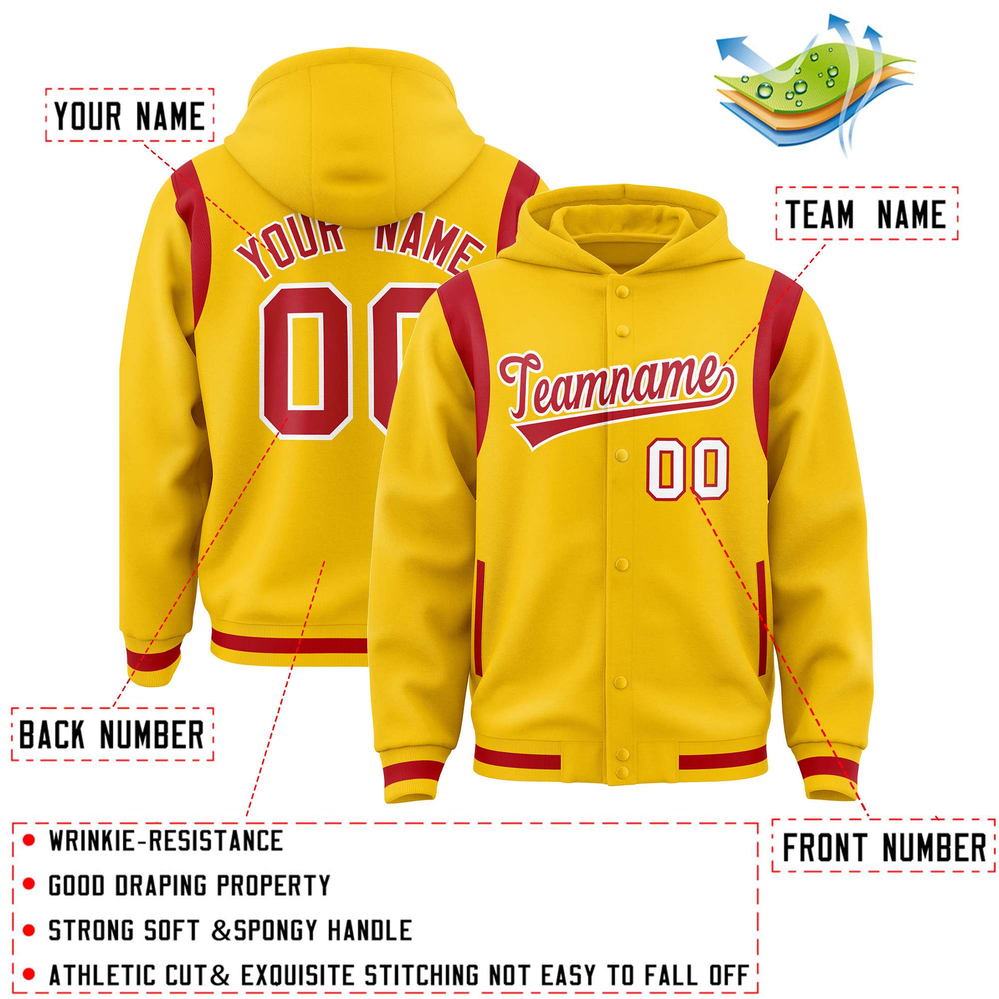 Custom Gold Red Varsity Full-Snap Letterman Shoulder Color Block Hoodie Jacket