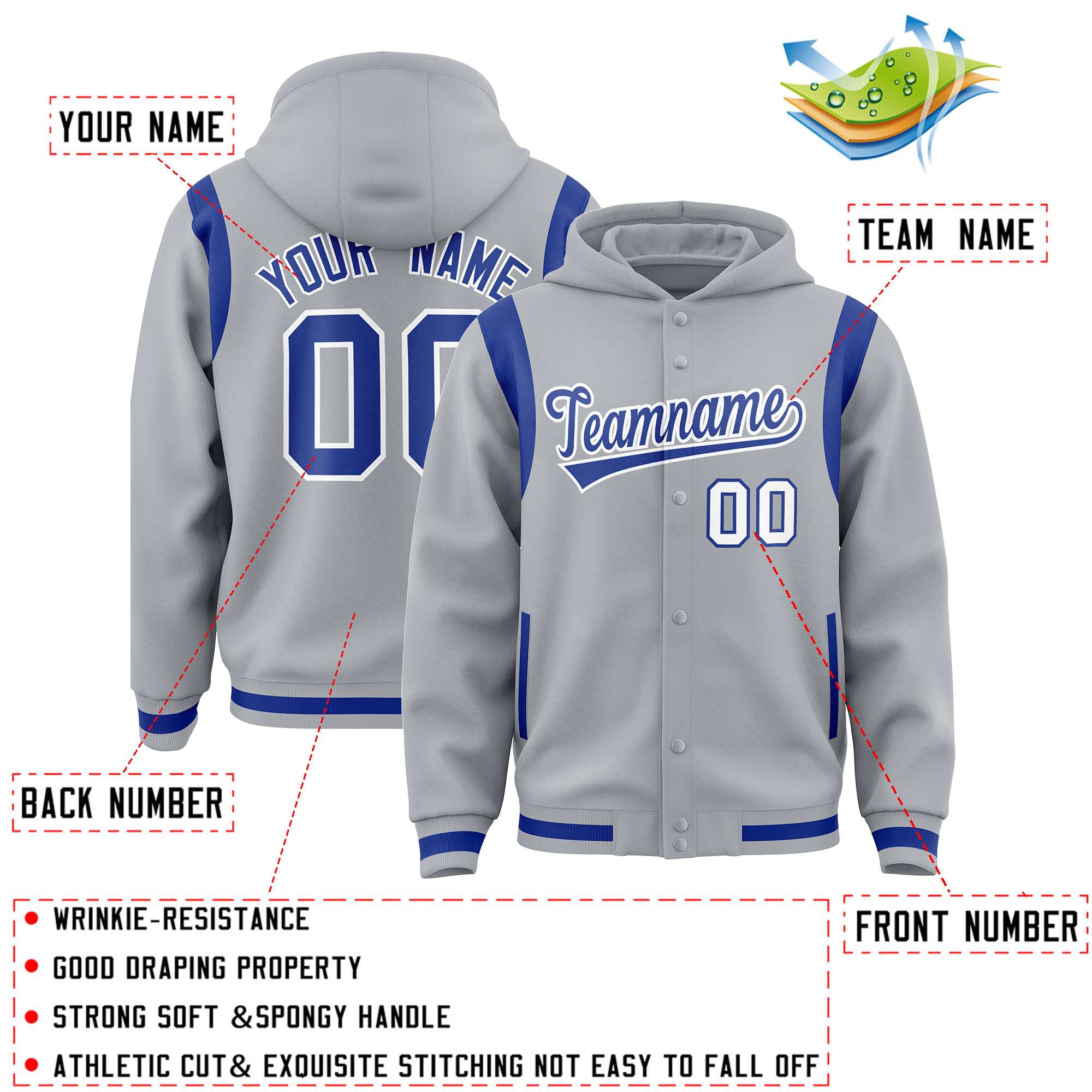 Custom Silver Royal Varsity Full-Snap Letterman Shoulder Color Block Hoodie Jacket