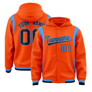 Custom Orange Black Varsity Full-Snap Letterman Shoulder Color Block Hoodie Jacket