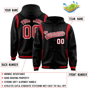 Custom Black Red Varsity Full-Snap Letterman Shoulder Color Block Hoodie Jacket