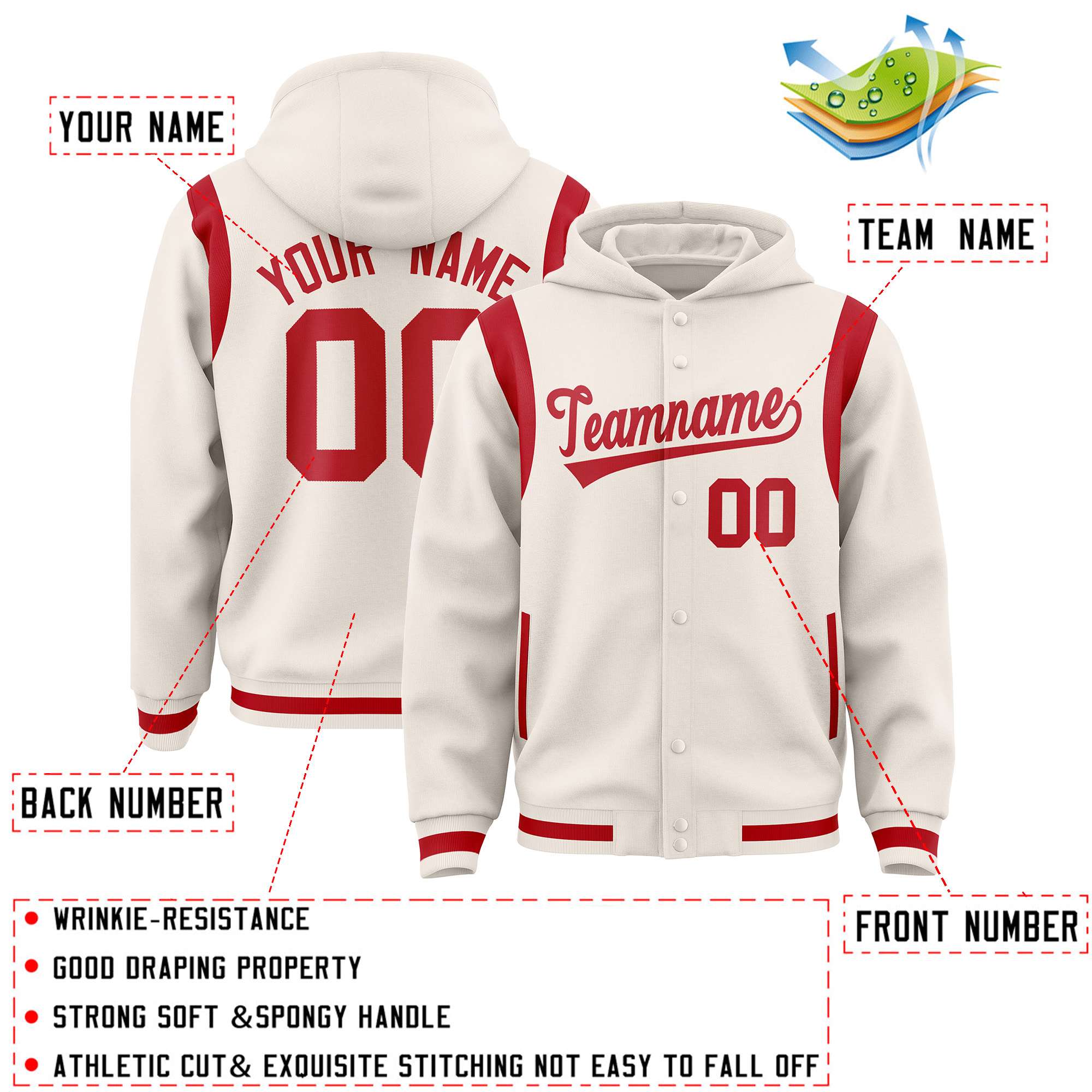 Custom Cream Red Varsity Full-Snap Letterman Shoulder Color Block Hoodie Jacket