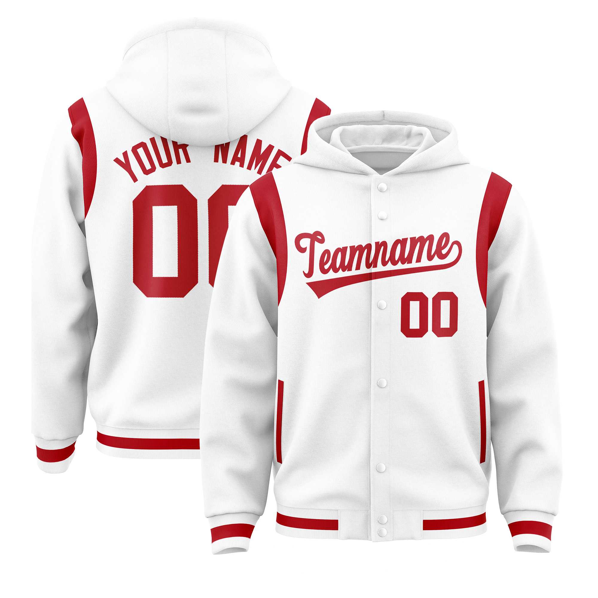 Custom White Red Varsity Full-Snap Letterman Shoulder Color Block Hoodie Jacket