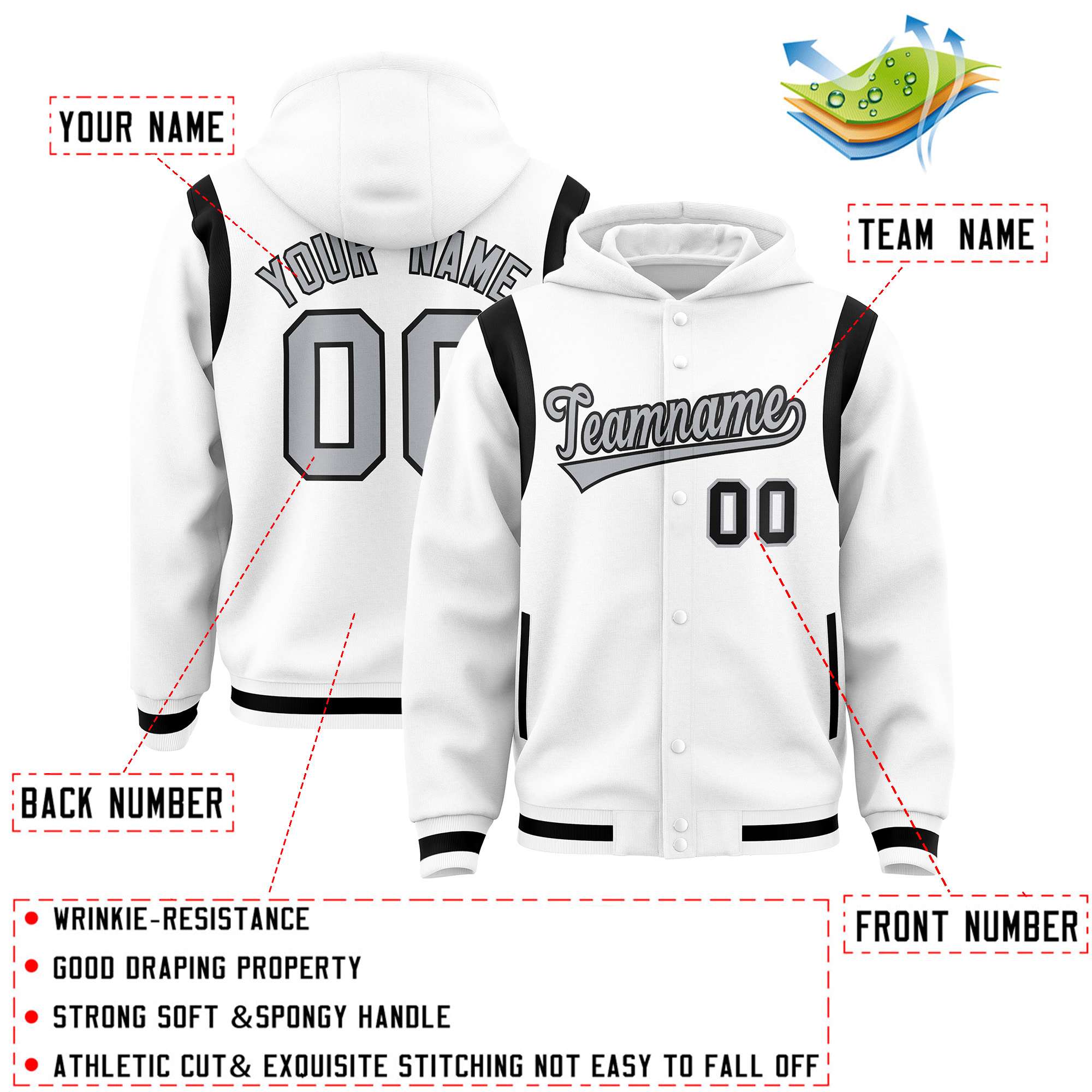 Custom White Silver Varsity Full-Snap Letterman Shoulder Color Block Hoodie Jacket