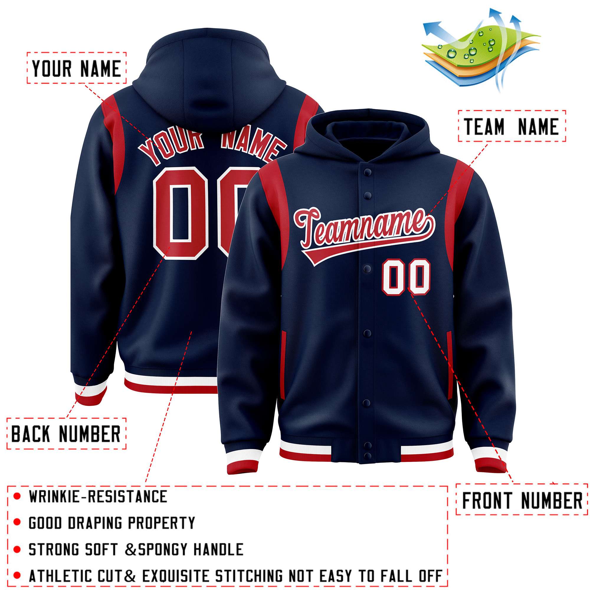 Custom Navy Red Varsity Full-Snap Letterman Shoulder Color Block Hoodie Jacket