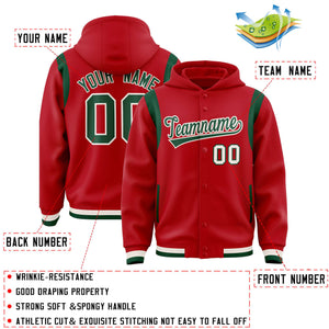 Custom Red Green Varsity Full-Snap Letterman Shoulder Color Block Hoodie Jacket